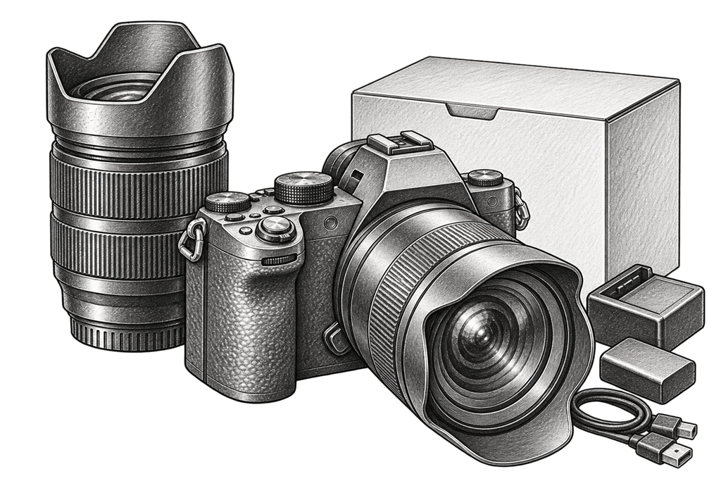 Pencil illustration of a new camera kit with lens and accessories