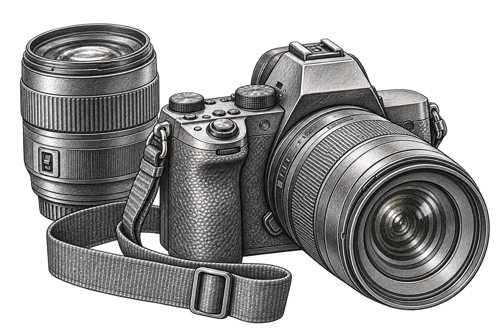 Pencil illustration of a camera and lens representing used photography gear
