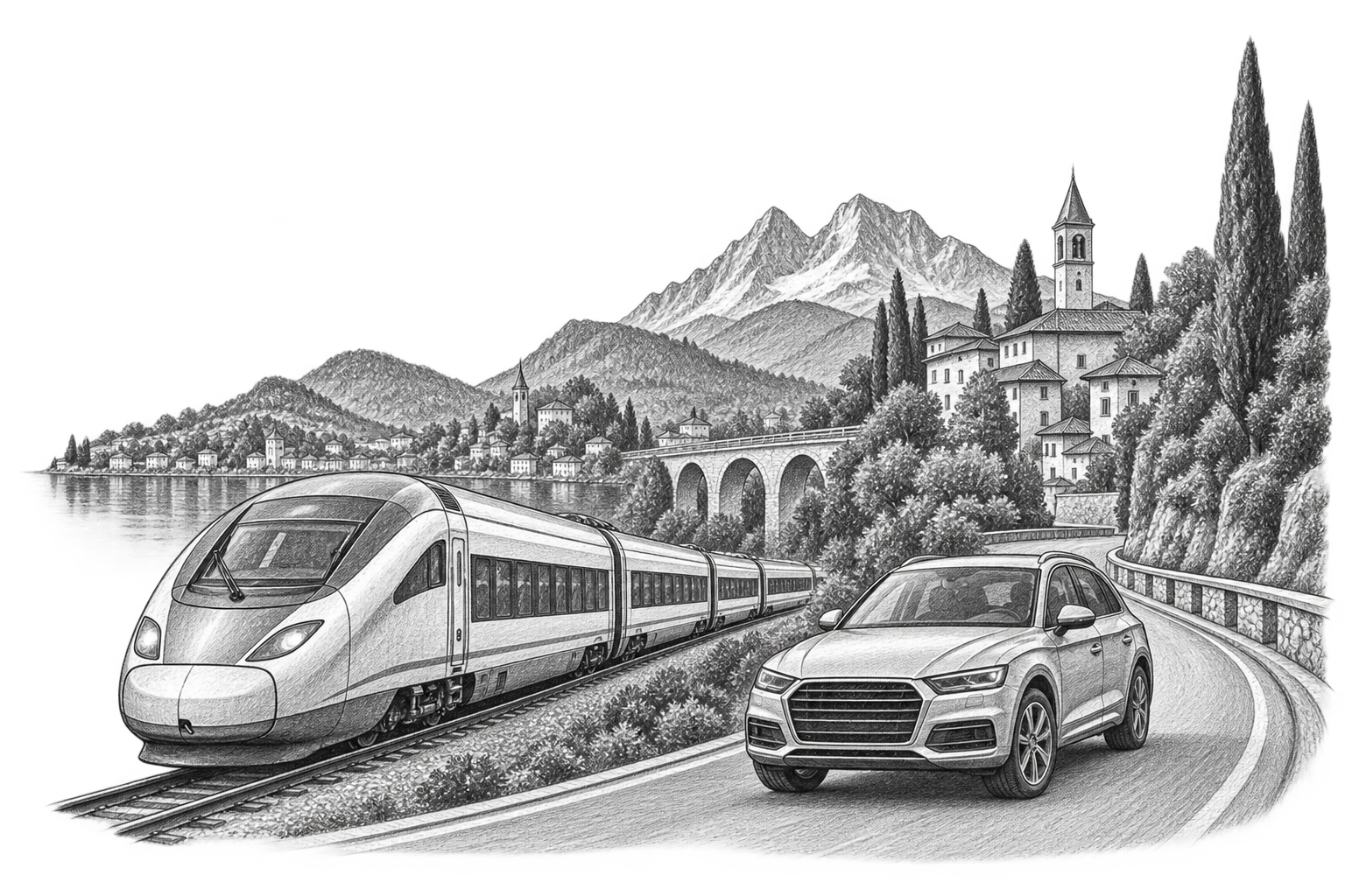 Graphite illustration of a train and car travelling through a European landscape.